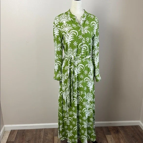 Zara Floral Print Lilou Midi Shirt Dress Belted Tropical Green White Size XS - Picture 2 of 16